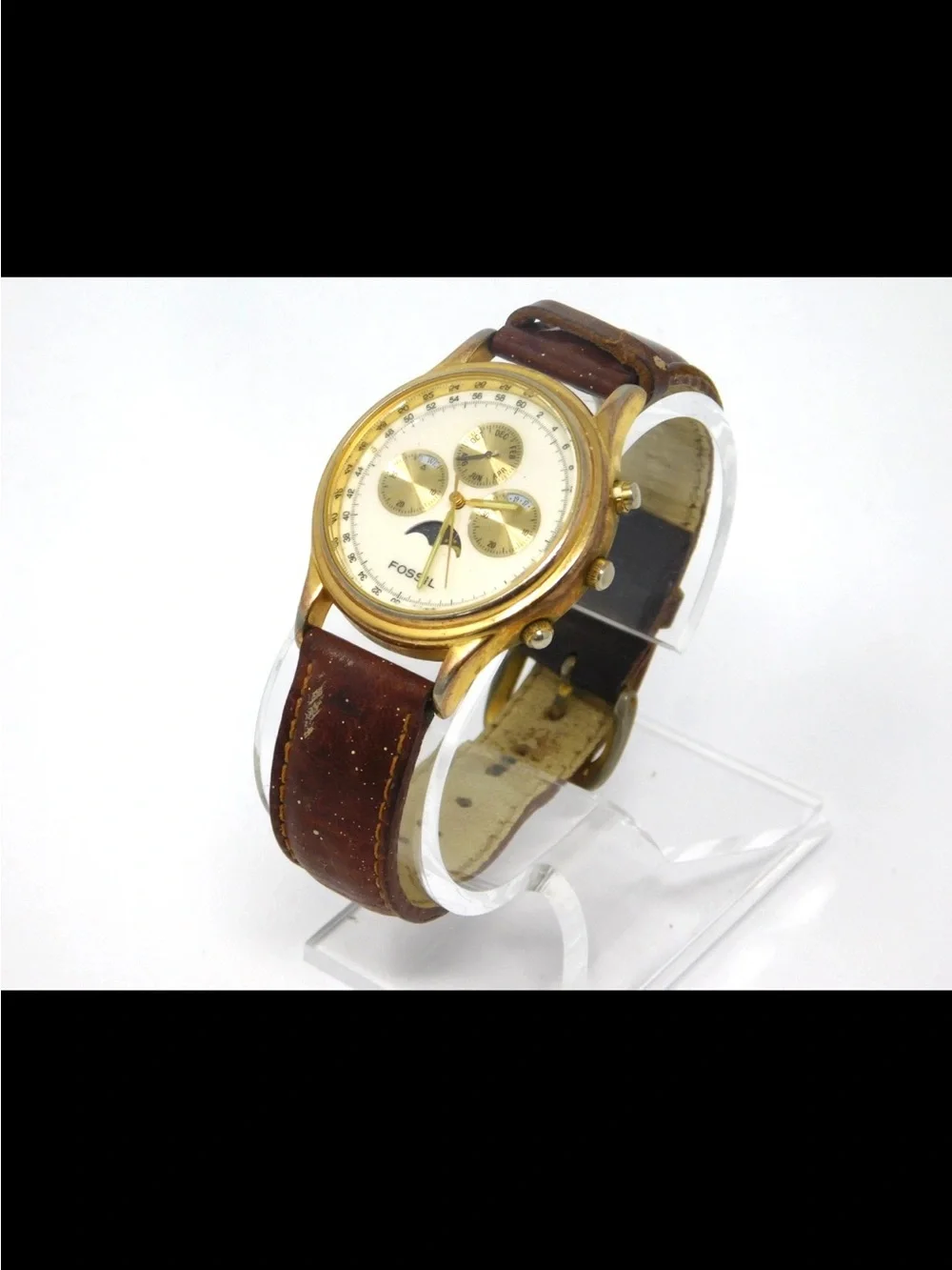 Fossil BQ 8443 Vintage 1995 Watch Moon Phase Gold Brown Leather Band Collectible